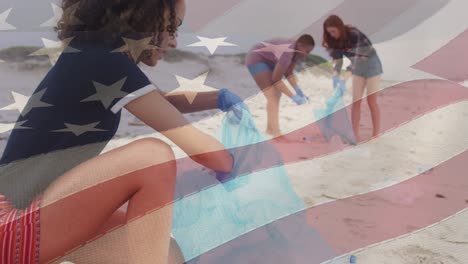 해변에서 재활용하는 사람들 위에 미국  ⁇ 발의 애니메이션