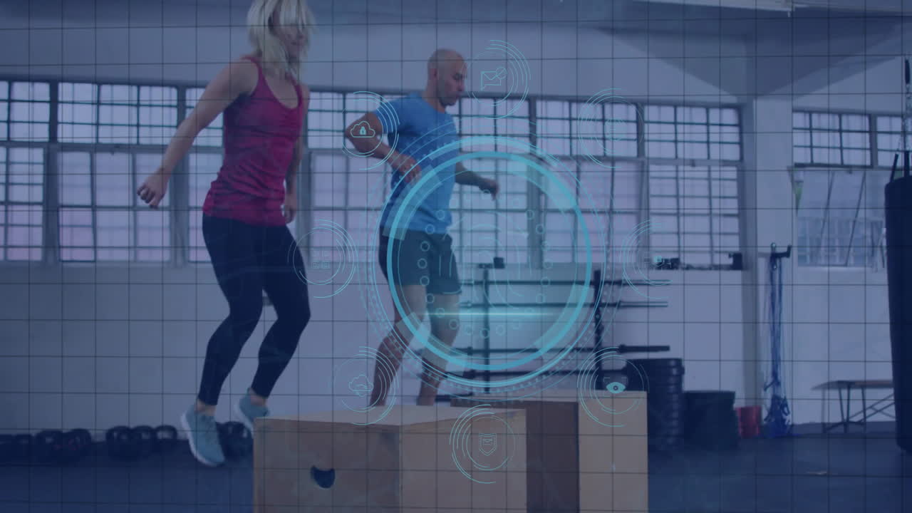 People exercising with digital fitness data animation overlay in gym setting
