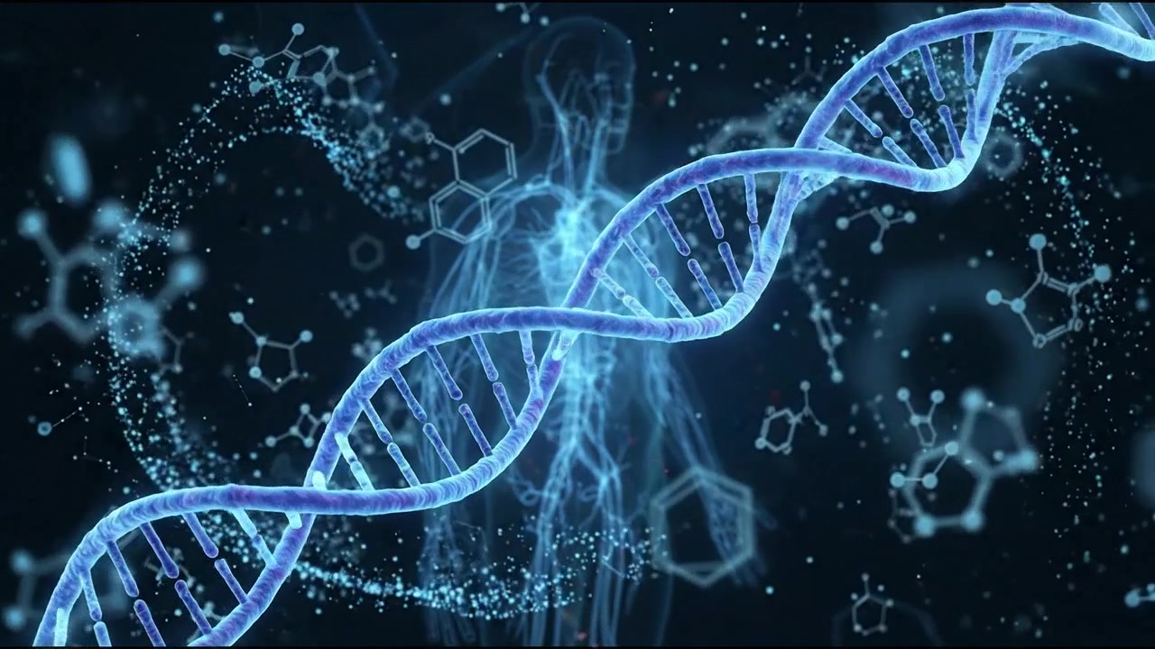 Doppia elica di DNA blu digitale che si estende su uno schermo di laboratorio scuro