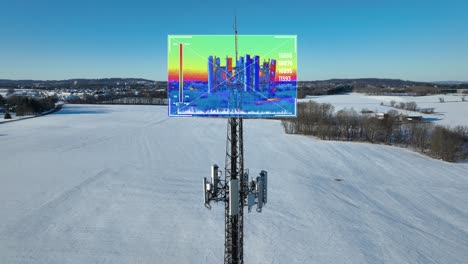 cellular tower in a snowy landscape with an overlaid colorful graph showing signal strength measurements