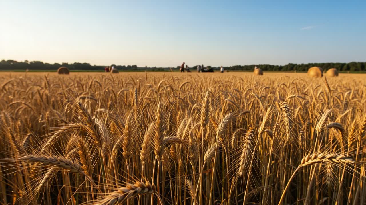 Golden Fields of Harvest: Expansive Wheat Crop with Sunlight and Machinery in the Background Captured in a Serene Late Afternoon Landscape