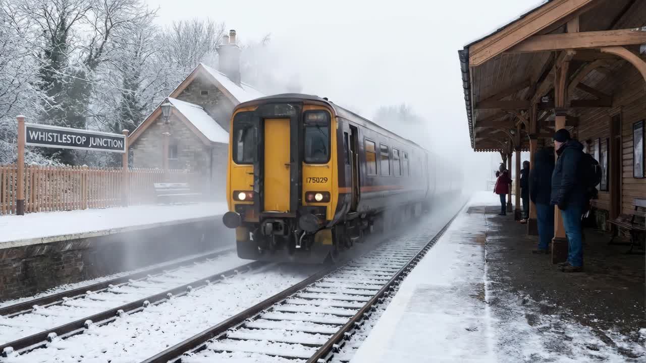 Treno in arrivo alla stazione di Whistlestop Junction in un nevoso giorno d'inverno
