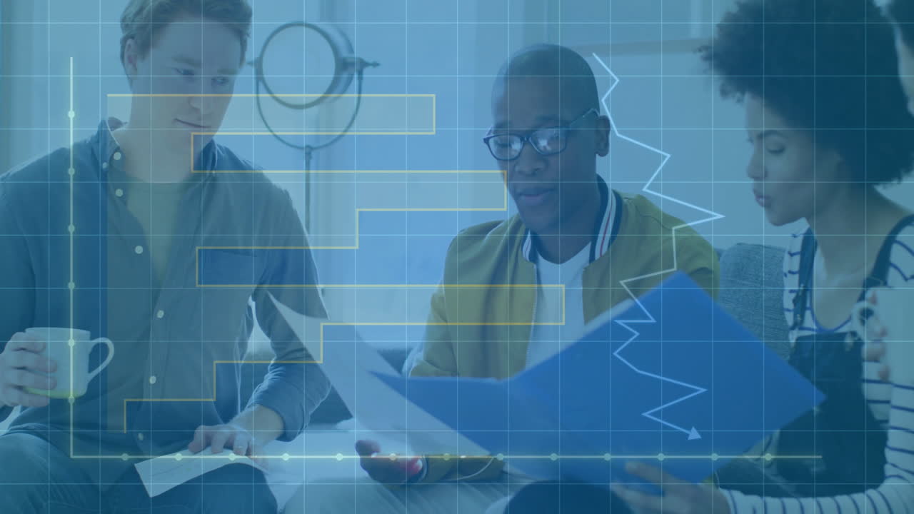 Analyzing documents, business team reviewing data with digital processing overlay