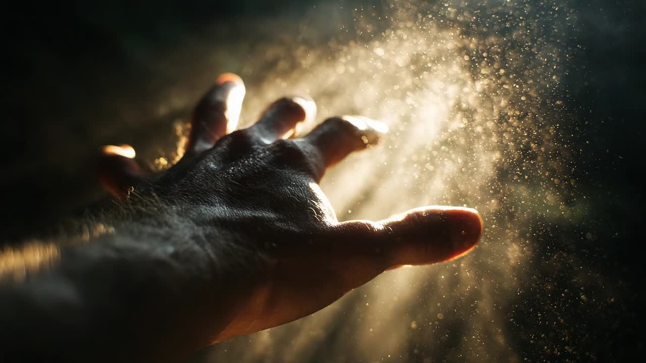 Rayos de luz iluminan una mano extendiéndose en un entorno sereno