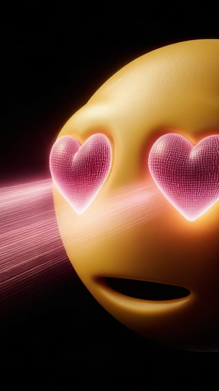 A Vibrant Emoji with Heart-shaped Eyes Exuding Love and Affection, Radiating Warmth Through Luminous Pink Light Beams in a Dark Background Setting