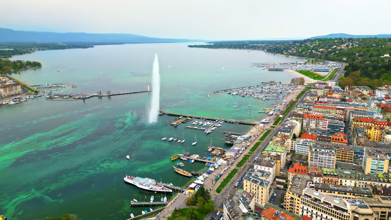 Aerial, drone view of the Geneva Water Fountain in Switzerland