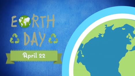 animation of earth day text and date with globe on blue background