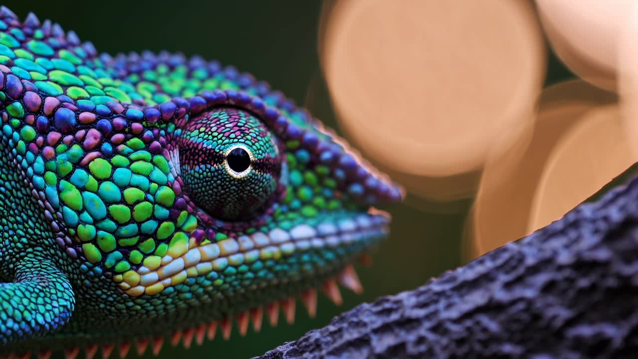Close-up video of a chameleon showcasing vibrant scales. Side angle captures texture and colors