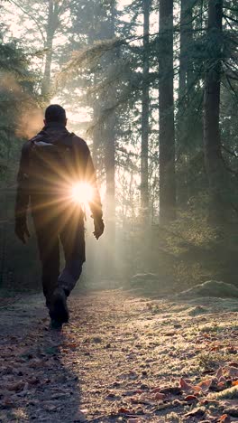 man hiking through sunny forest