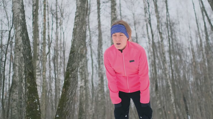 A young woman on a morning jog in the winter forest was tired and stopped to rest and ran on. He recovered his strength and overcame fatigue and continued to run. Perseverance and overcoming weakness. Striving forward. Slow motion. Healthy lifestyle