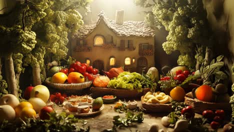 rustic fruit and vegetable display with miniature house