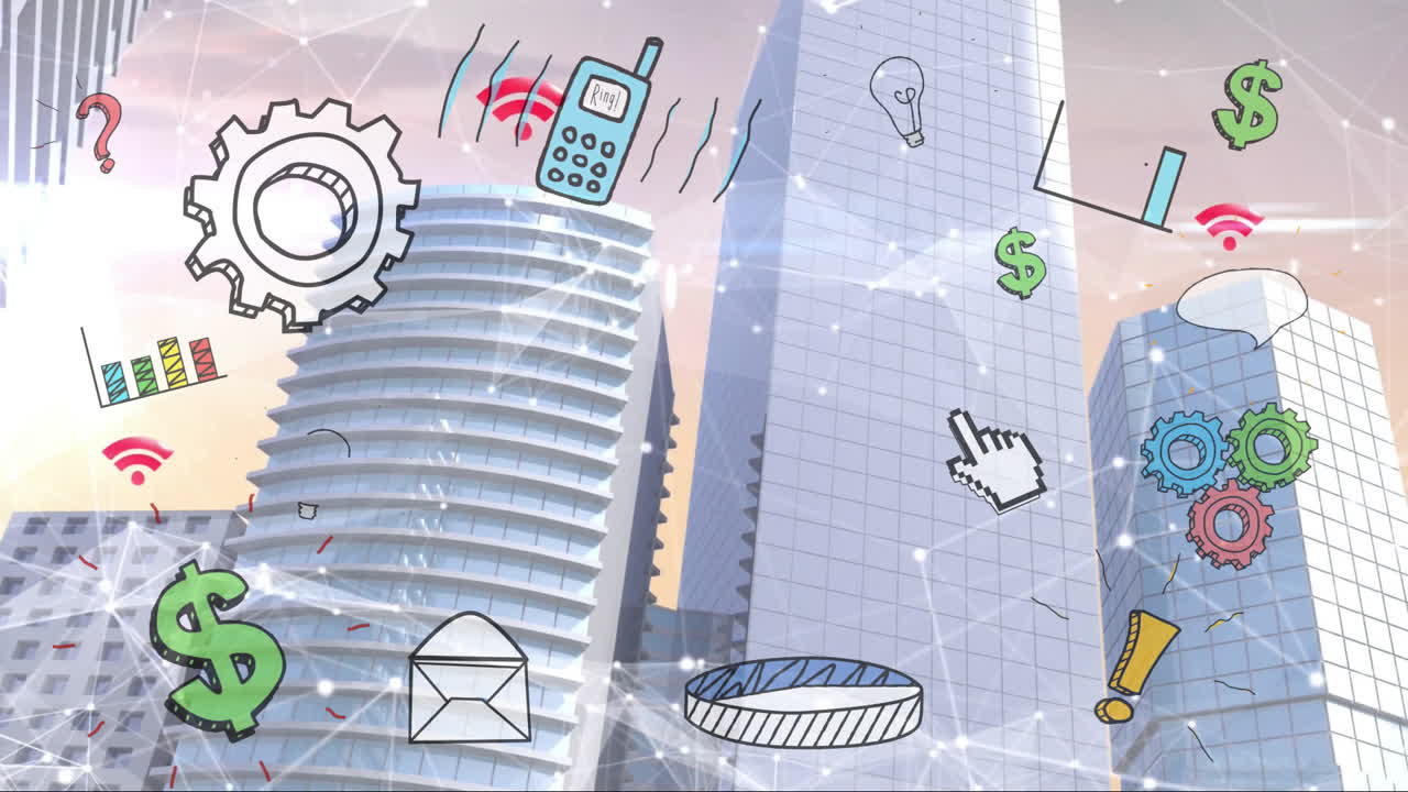 Animation of digital icons and network connections overlaying skyscrapers in cityscape