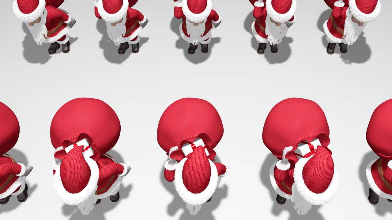 산타클로스 군대는 선물 가방을 가지고 있습니다. 메리 크리스마스 및 행복한 새해 2020 애니메이션.