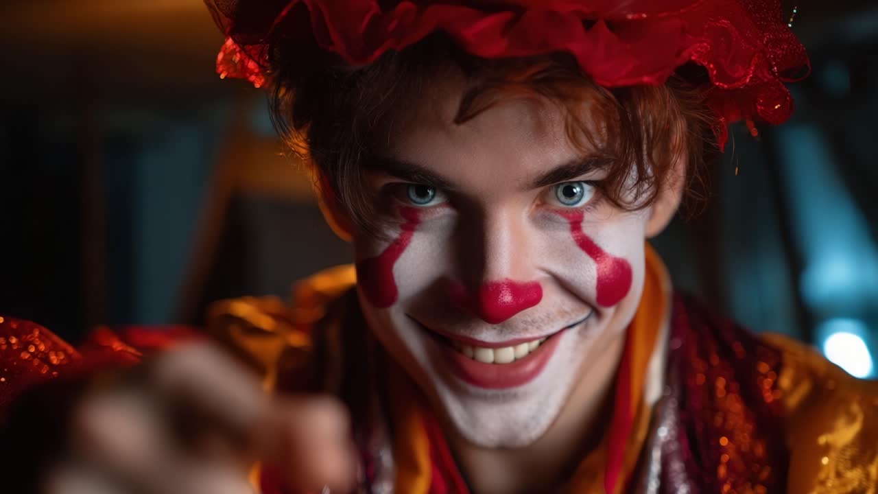 A captivating close-up of a clown with expressive makeup, showcasing a playful yet slightly eerie demeanor, capturing the essence of performance art in mesmerizing detail