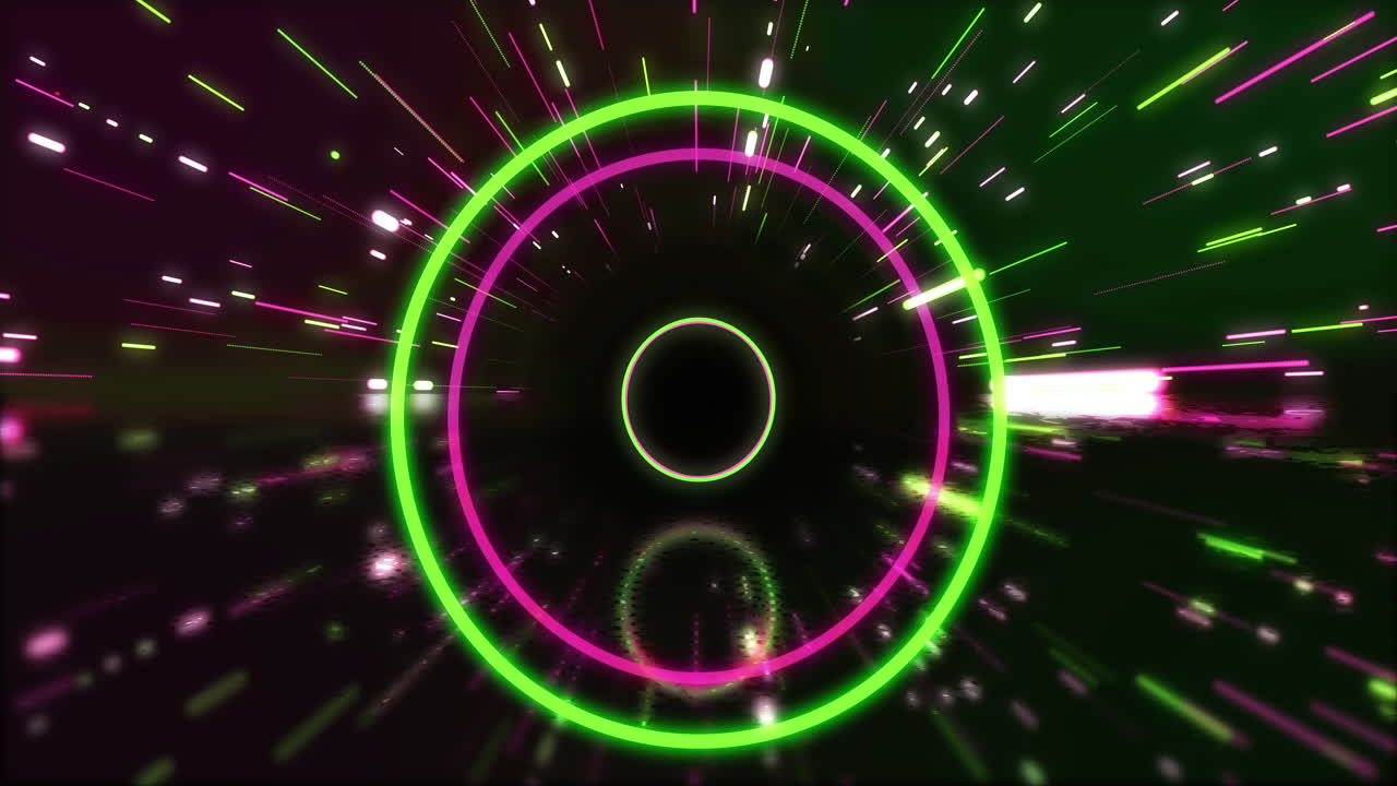 Animazione di cerchi al neon verdi e rosa e scie luminose su sfondo nero