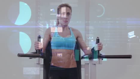 animation of statistics and data processing over woman using gym equipment