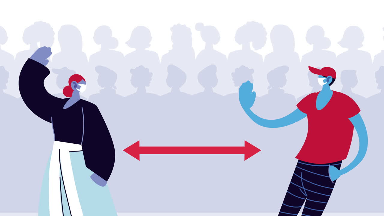 코로나19를 예방하기 위해 얼굴 마스크를 쓰고 사회적 거리를 지키는 부부