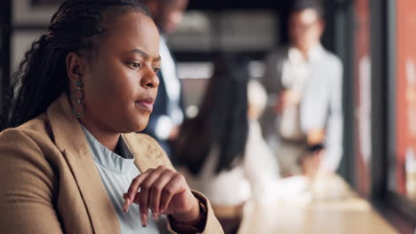 Thinking,-business-and-black-woman-in-office