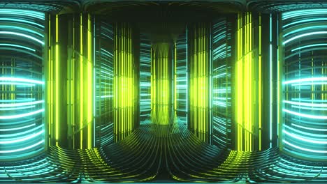 luces de neón brillantes en una habitación de metal. luz fluorescente moderna. espectro de neón verde amarillo. animación en bucle 3d sin costuras