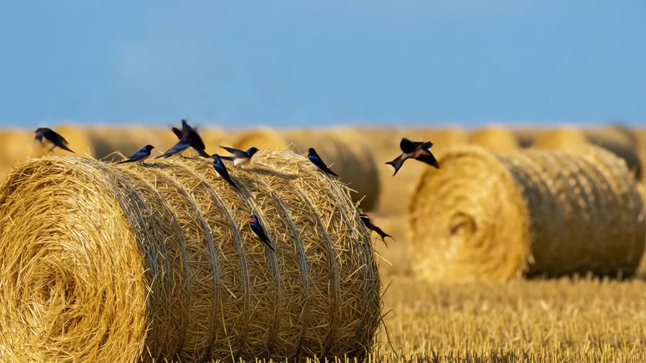 A breathtaking scene of swallows gracefully soaring over golden straw bales under a clear blue sky, capturing the harmony of nature and agriculture in a picturesque landscape