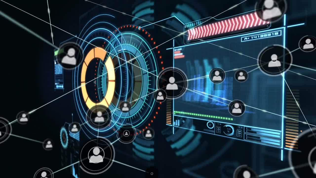 Animation of network of connections with icons over scope on black background