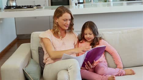 madre con hija leyendo un libro en el sofá