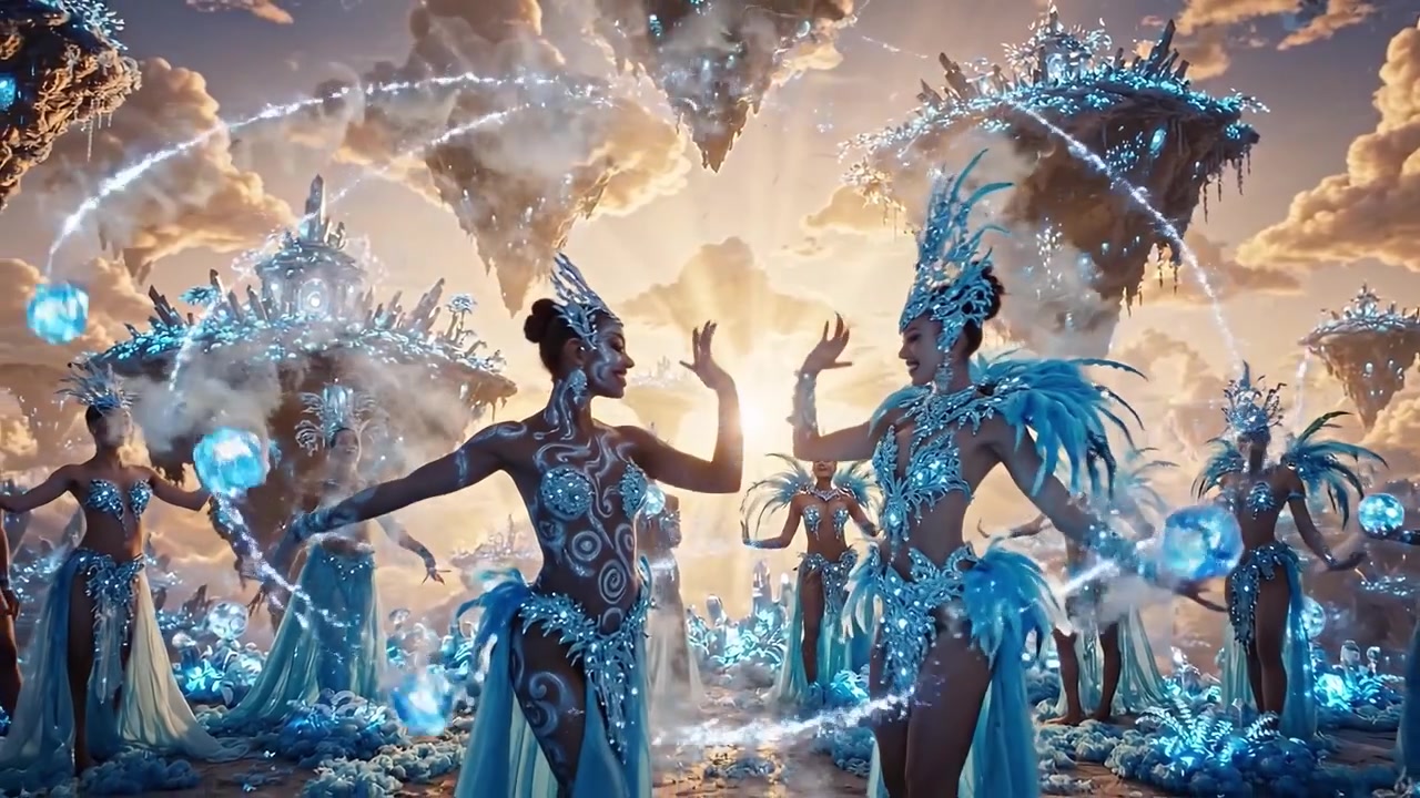 Fantasia Maestosa: Uno spettacolo abbagliante di esseri eterei circondati da isole fluttuanti e cristalli radiosi sotto un cielo celeste mozzafiato
