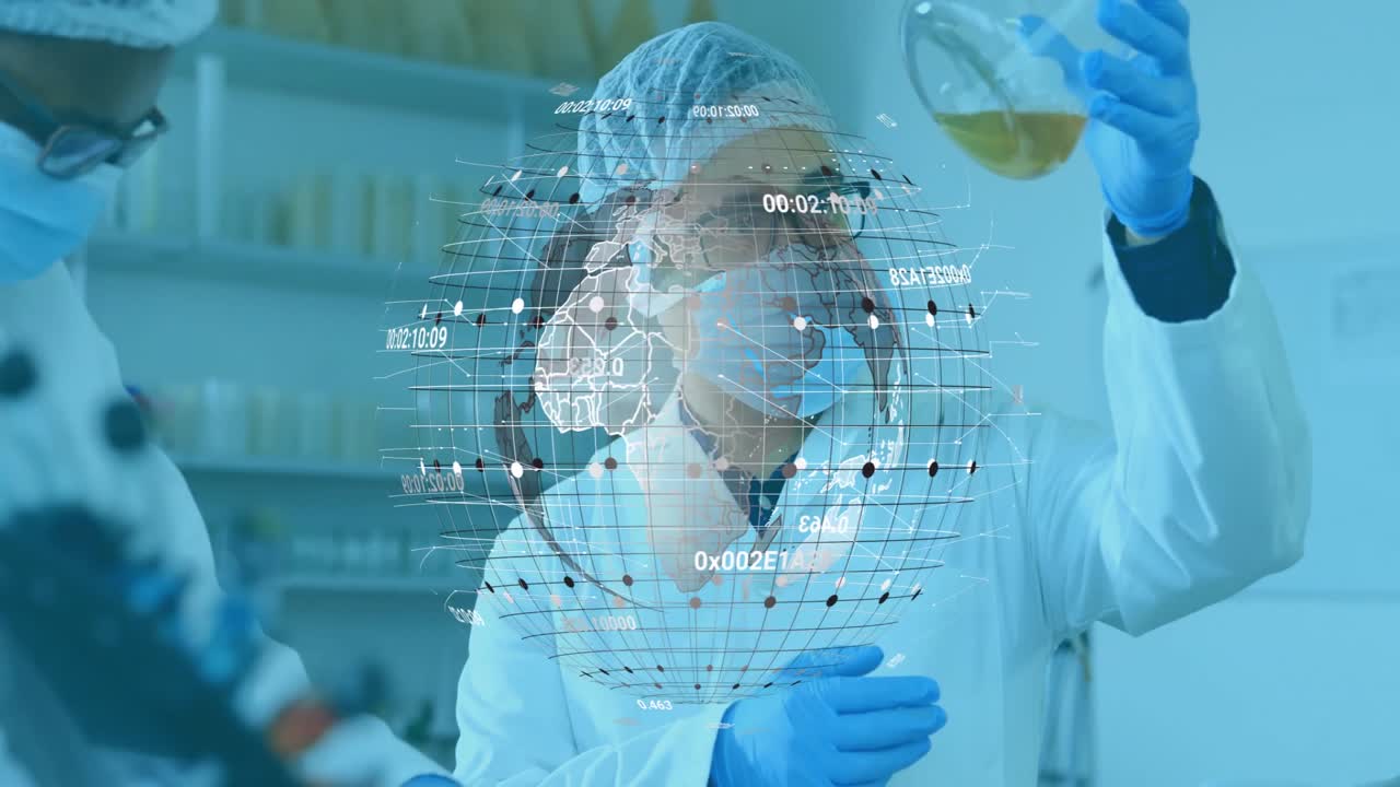 Laboratory scientists lifting flask and pointing microscope causing rotating globe with data nodes