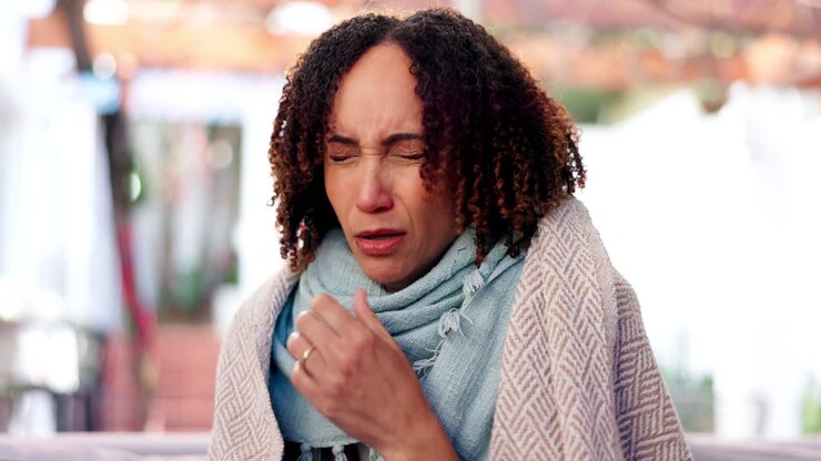 Donna che tossisce con sintomi di raffreddore e influenza.