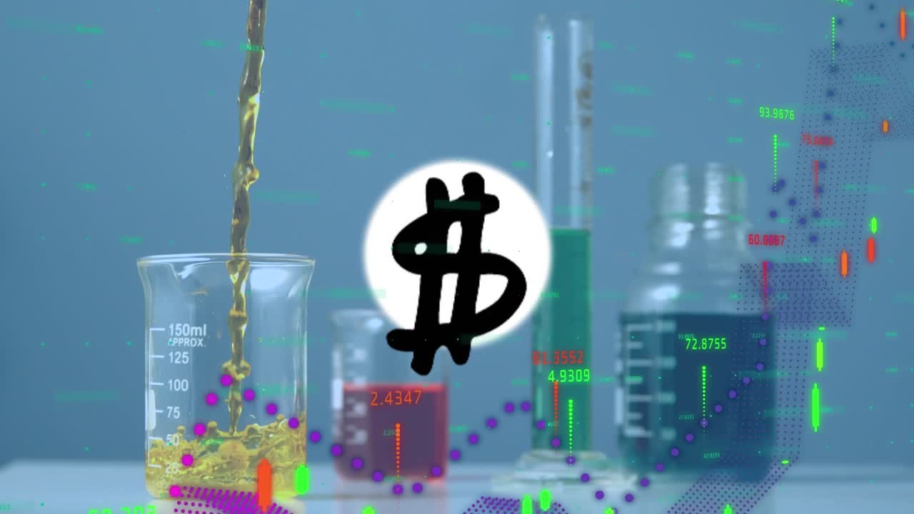 Animazione di un simbolo del dollaro in un cerchio bianco, grafici su un rallentatore di liquido che cade in un becher di vetro