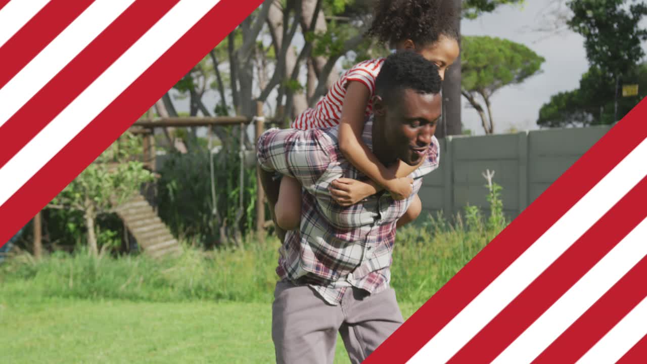 Animation of flag of united states of america over african american father and daughter having fun