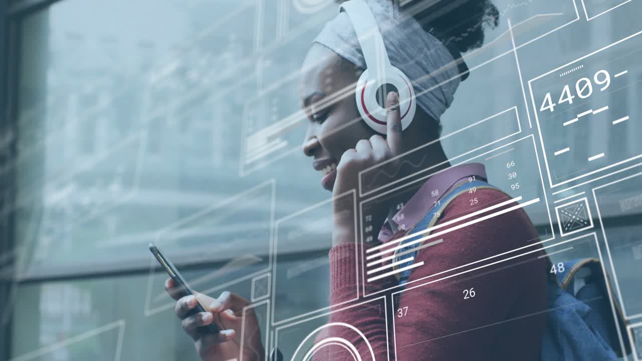 Commuter woman tapping smartphone activating AR tech panels filling with music data outside glass