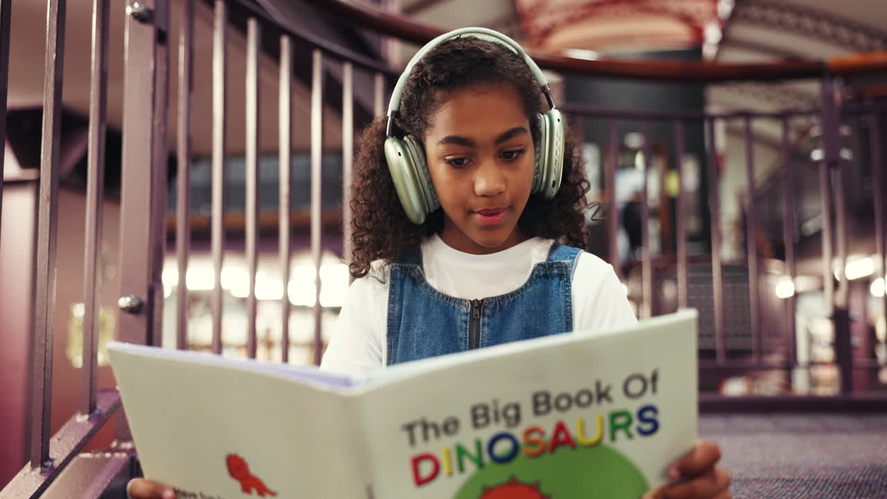 Girl reading the Big Book of Dinosaurs with headphones