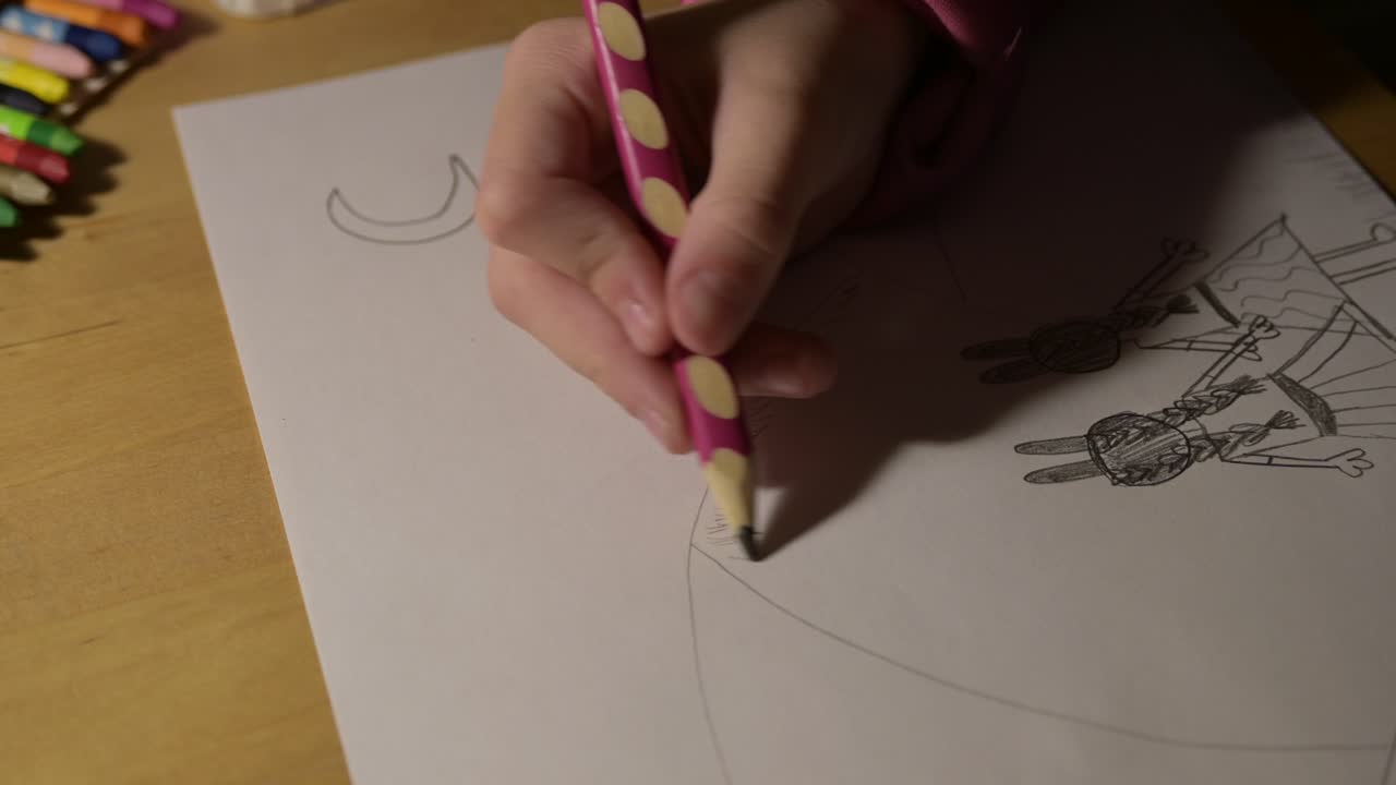 연필 열린 종이 예술 수업 개념으로 여자 아이 페인트의 숙련된 손을 닫습니다