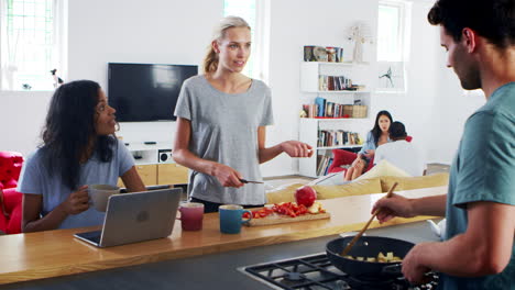 Freunde-Bereiten-Gemeinsam-Essen-In-Moderner-Küche-Zu