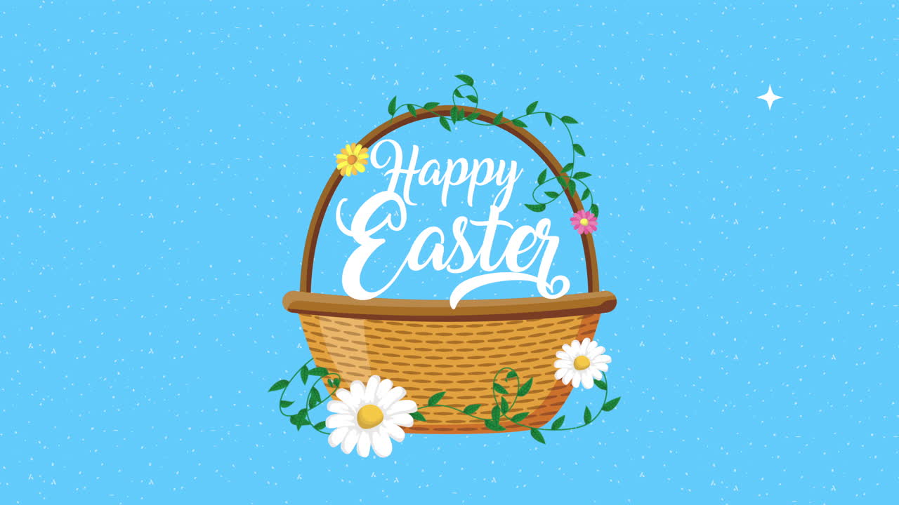바구니에 꽃이 있는 행복한 부활절 애니메이션 카드
