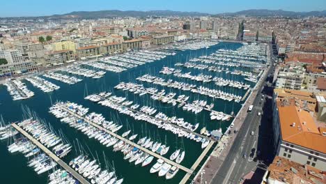 Aerial-of-France,-Cote-d'azur,-Menton,-Old-Port-of-Marseille-and-sea-in-French-riviera