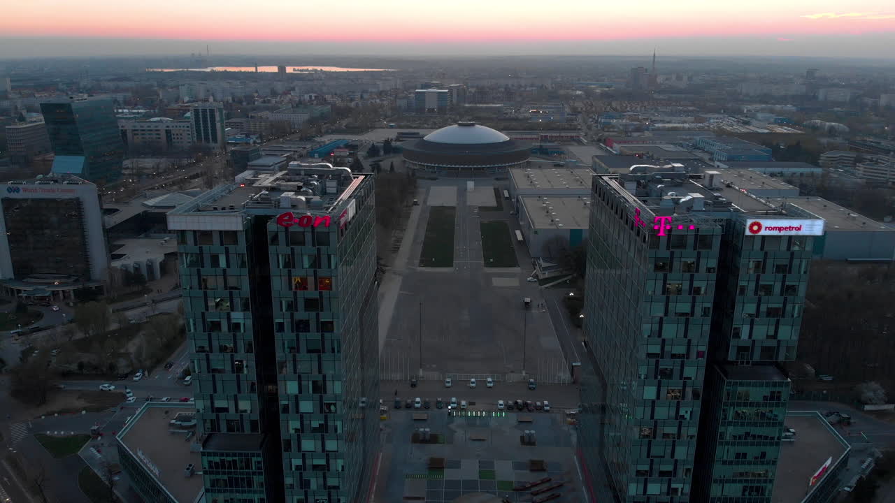 Office buildings  aerial view at sunset Free press square, Bucharest, Romania