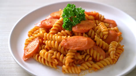 spiral or spirali pasta with tomato sauce and sausage - italian food style