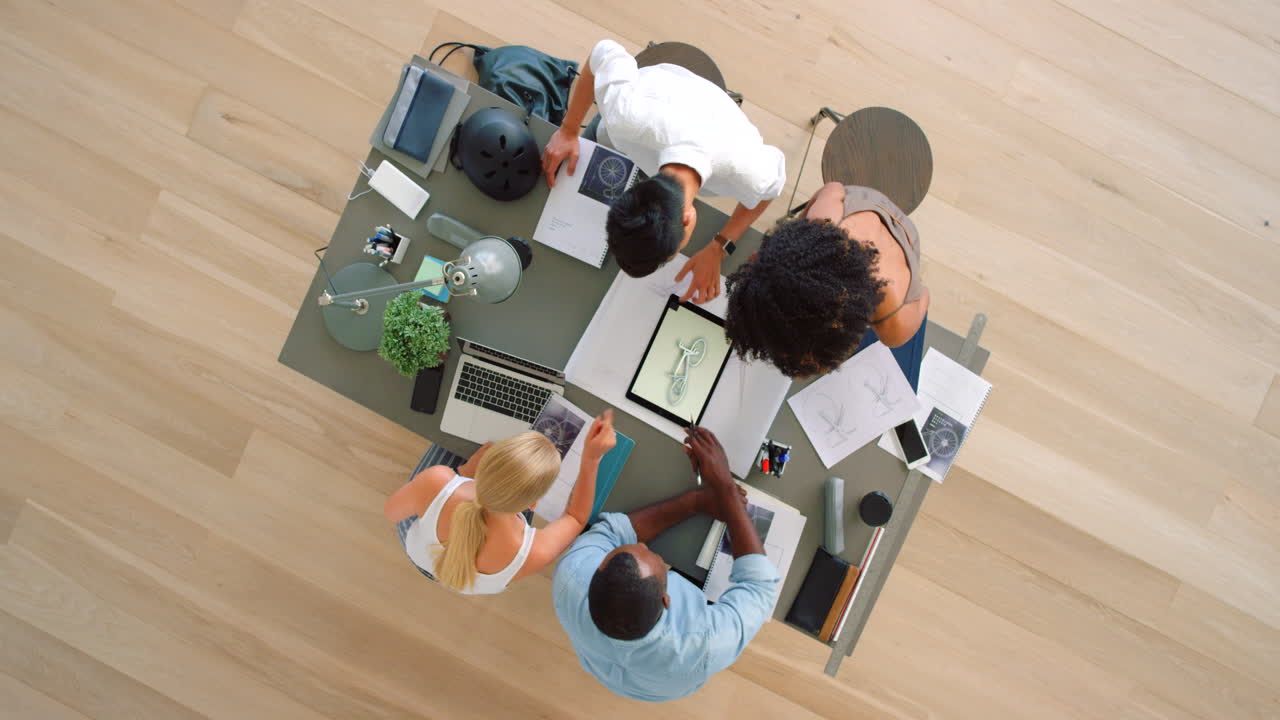 Top view, business people and product designer