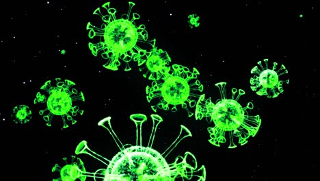 green glowing holographic image of coronavirus like covid-19 virus or influenza virus flies in air or float smoothly on black background. 3d animation in 4k looped. for informational presentation.