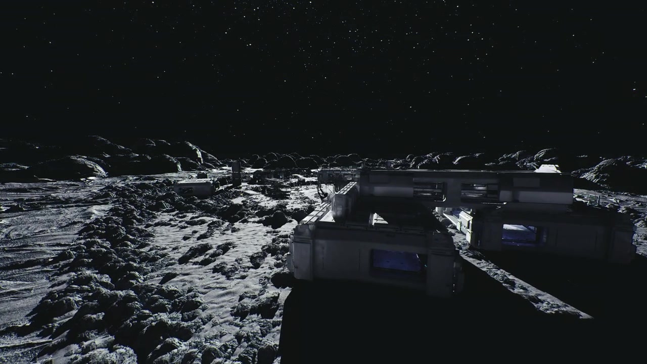 ごつごつした惑星の風景に囲まれた未来的な月面基地