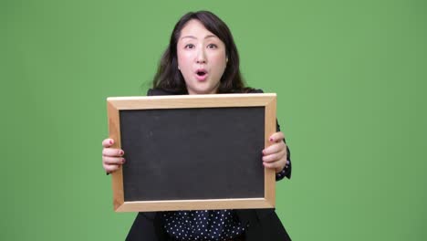 성숙 한 아름다운 아시아 사업가 는 블랙보드 를 보여주는 동안 충격 을 느끼고 있다