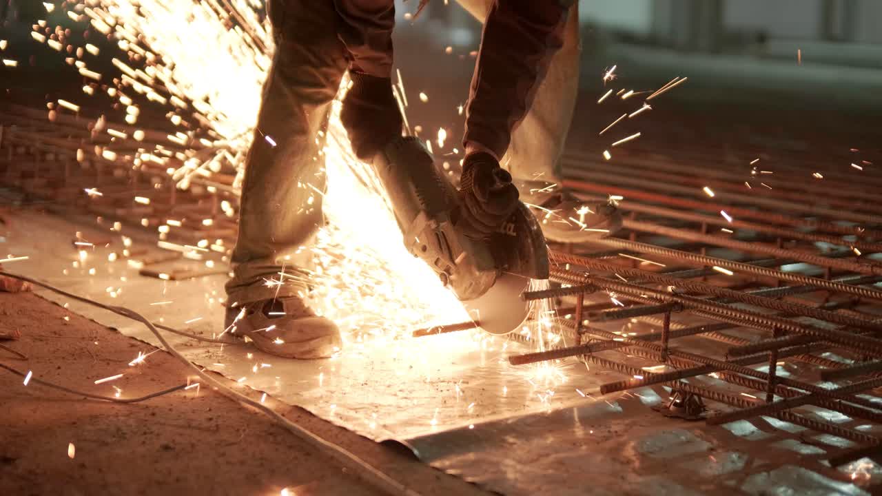 Industrial professional worker is cutting metal rebar with a circular saw. Construction of a factory, hangar