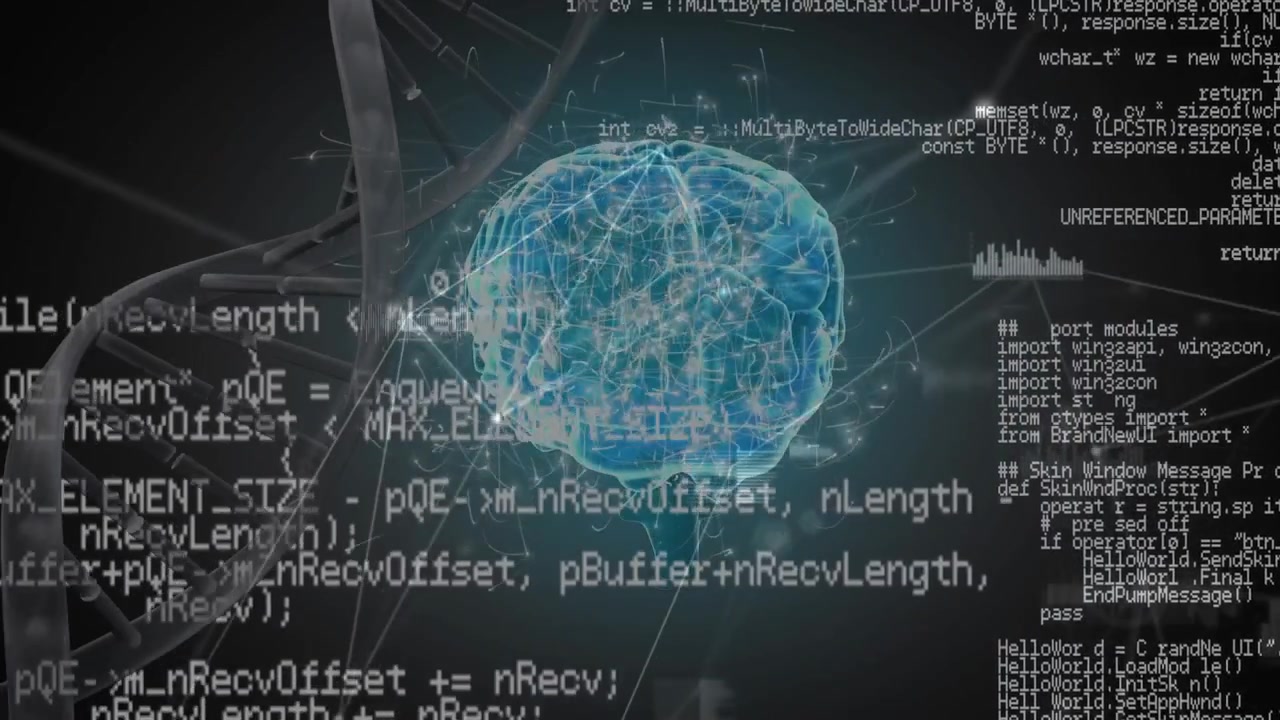 Animation of brain, medical data processing with dna strand over scope