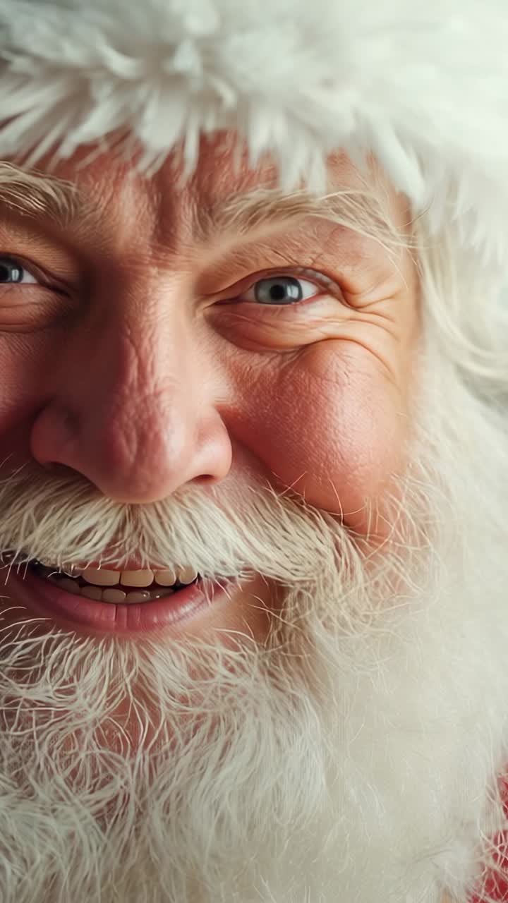 Video verticale: Cam che si avvia, Babbo Natale sorridente che parla in studio con cappello di pelliccia, barba bianca e cappotto rosso