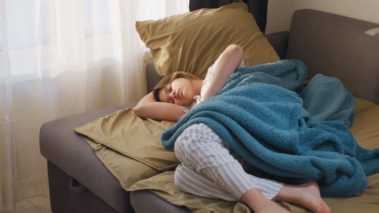 Lady Relaxing Indoors, Young Woman Enjoying Peaceful Nap, Woman Peacefully Sleeping On Couch Within Comfortable Space, Young Lady Comfortably Reclining On Furniture Inside Cozy And Warm Apartment