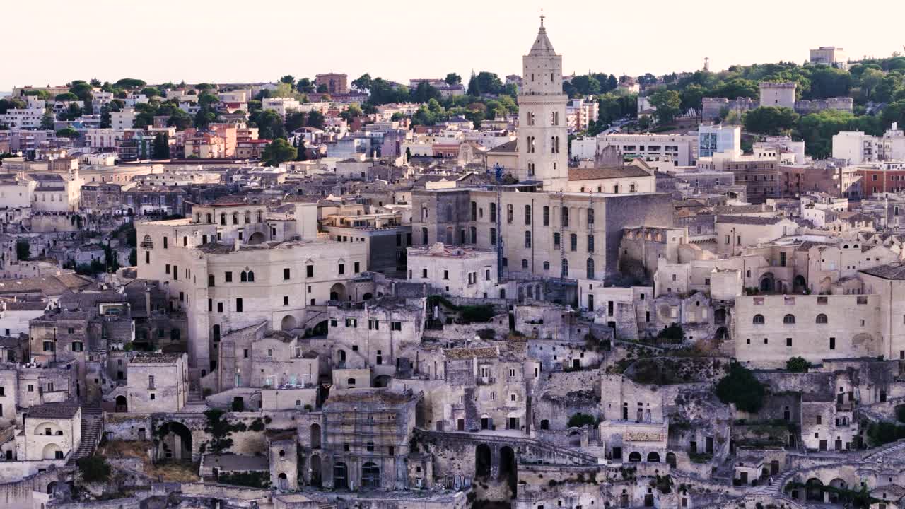 Downtown of Matera city, aerial orbit view
