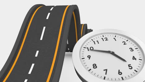 animation of clock and road on white background