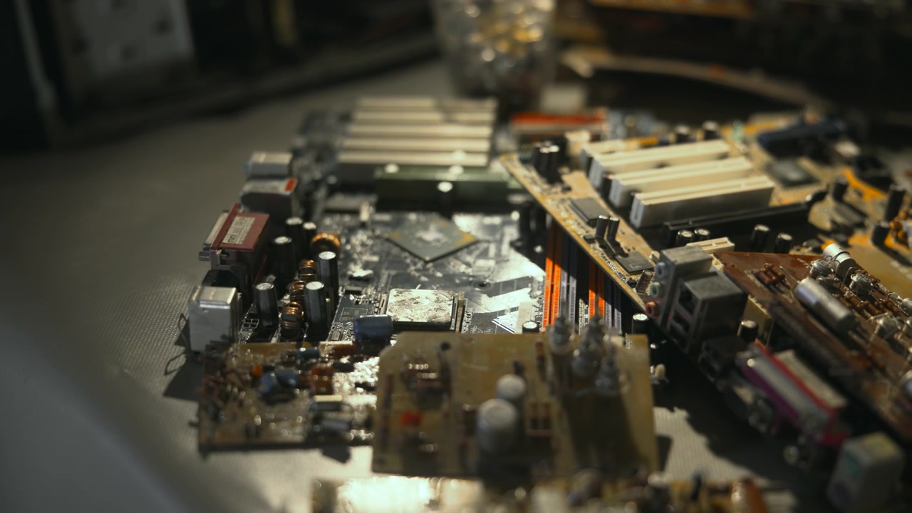 Weitwinkelansicht eines Computer-Motherboards mit leerem Sockel und PCI-Steckplätzen, detaillierten Leiterbahnen und Komponenten.